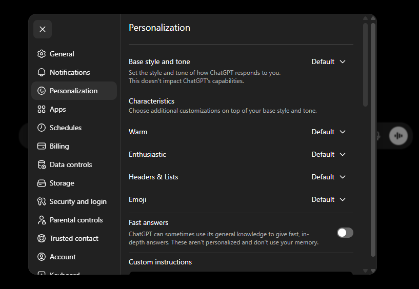 ChatGPT's Personalization settings page. At the top sits "Base style and tone", set to Default. Below it are toggles for Warm, Enthusiastic, Headers and Lists, and Emoji, all set to Default. At the bottom is a "Custom instructions" section where you write instructions ChatGPT follows in every chat.