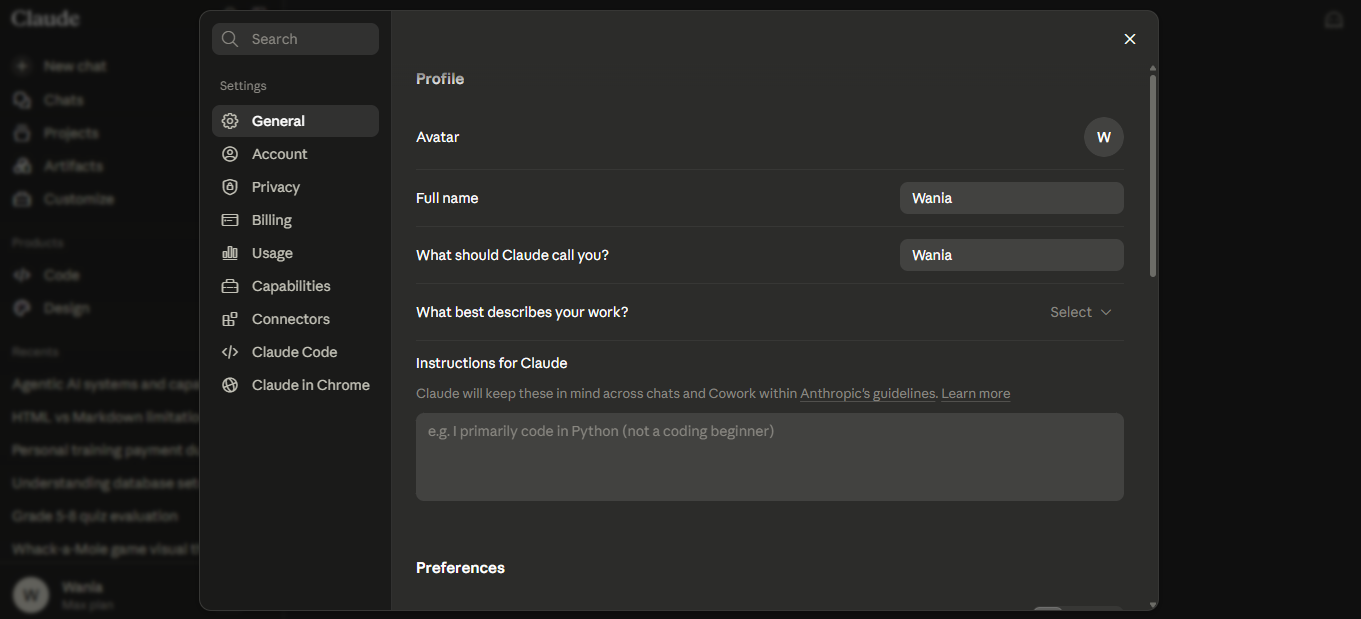Claude's Settings > General page. The "Instructions for Claude" section holds a text area with the placeholder "e.g. I primarily code in Python (not a coding beginner)." Above it sit Profile fields: Full name, what Claude should call you, and what describes your work. Instructions written here are added to the system prompt in every chat.
