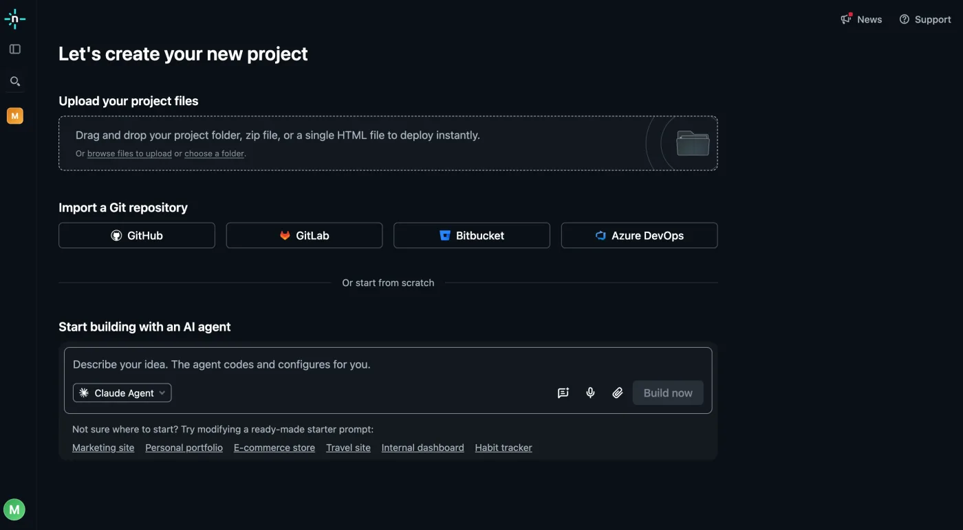 Netlify's create-a-new-project page. The dashed drop zone at the top reads "drag and drop your project folder, zip file, or a single HTML file to deploy instantly". Below it sit buttons for importing a Git repository and a box for starting with an AI agent. The drop zone is the only part this project needs.