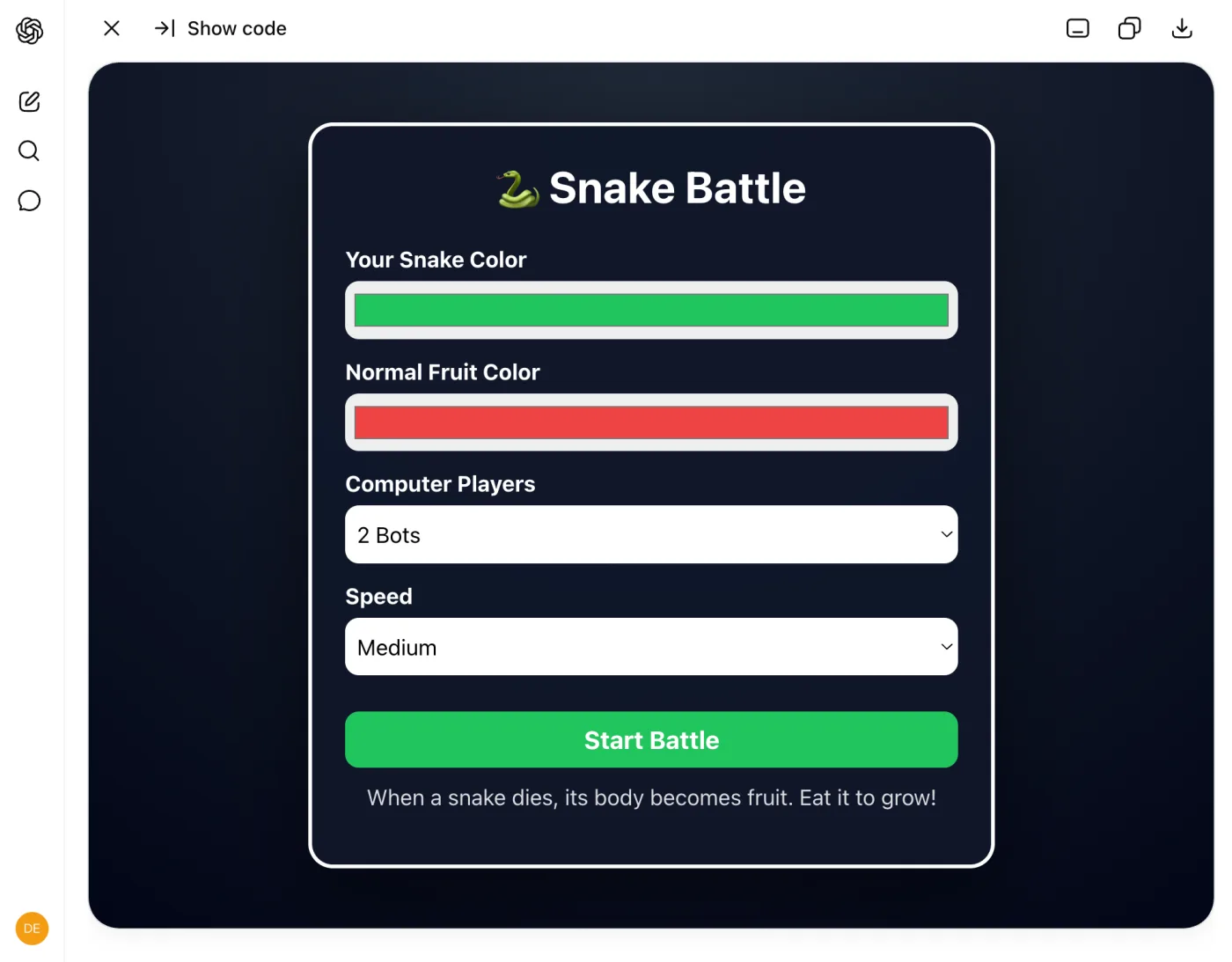 The Snake Battle start screen running inside ChatGPT's canvas panel. It shows a color picker for your snake, a color picker for the fruit, a dropdown for how many computer players to battle, a speed setting, and a green Start Battle button. Underneath sits the invented rule, that when a snake dies its body becomes fruit you can eat to grow. Three conversational sentences produced this screen.