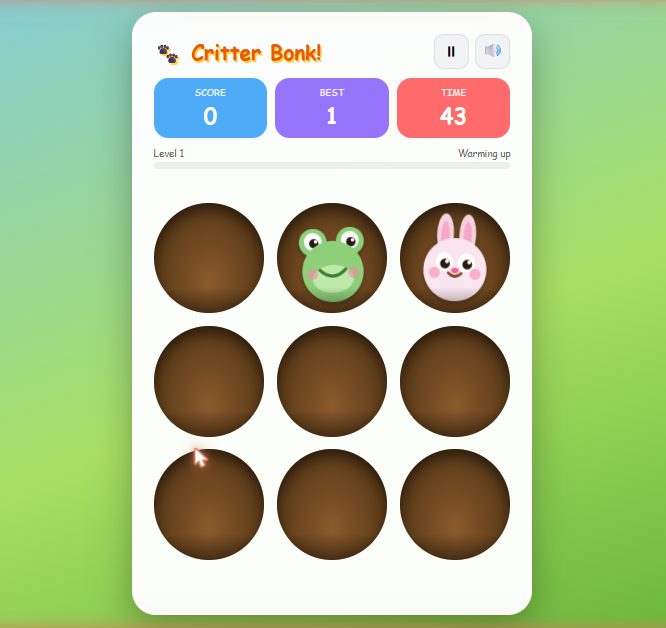The Critter Bonk game mid-play. A 3x3 grid of brown holes on green grass, with a frog and a rabbit popping up from two of them. Score, Best, and Time counters sit at the top, at Level 1. The title reads Critter Bonk, with animal emojis and pause and sound controls.