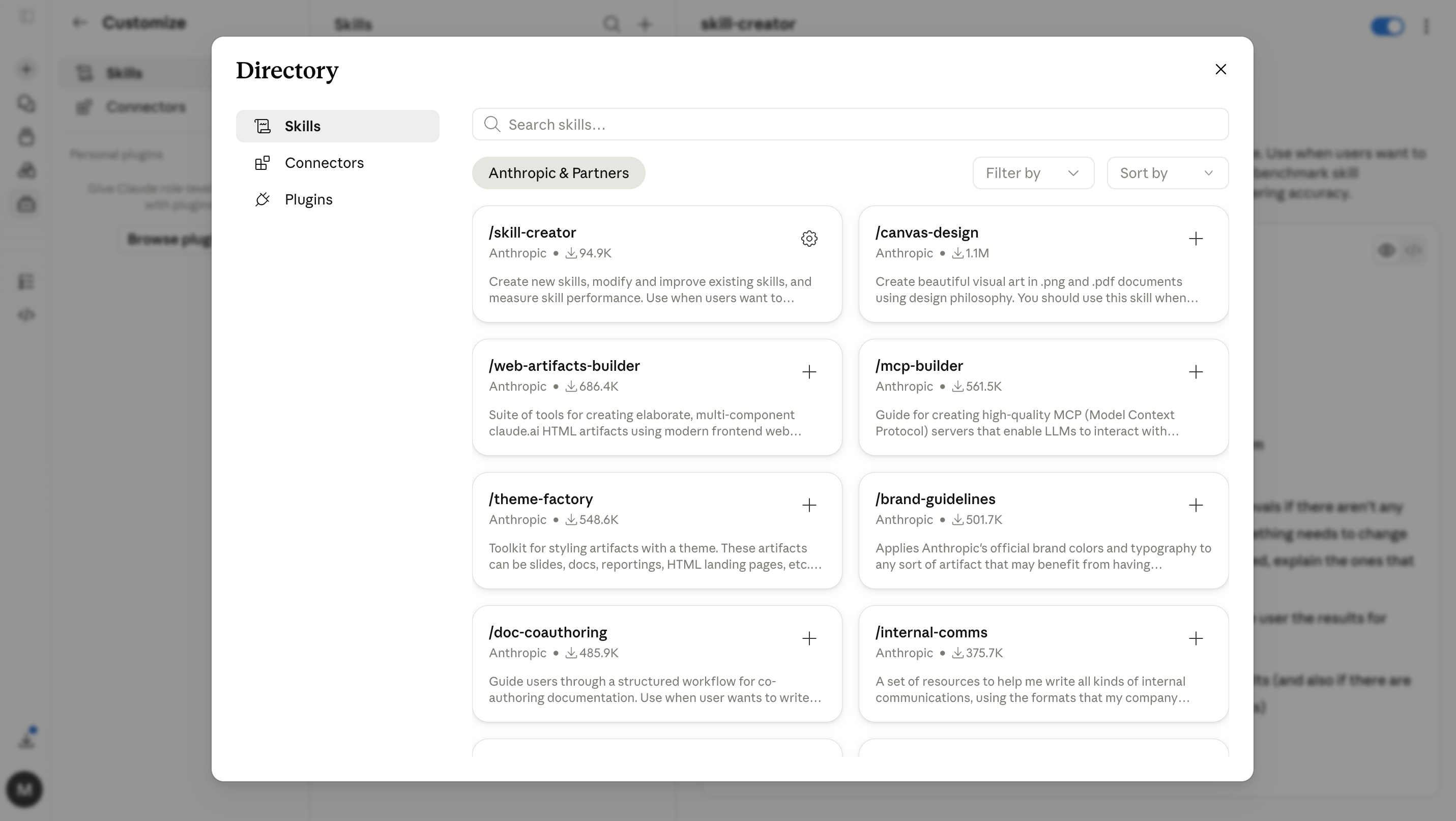 The Skills Directory in Claude, opened from the Browse skills menu. Tabs for Skills, Connectors, and Plugins, an "Anthropic &amp; Partners" filter, and a search box. A grid of one-click installable skill cards, each with a "+" install button: skill-creator, canvas-design, web-artifacts-builder, mcp-builder, theme-factory, brand-guidelines, doc-coauthoring, and internal-comms.