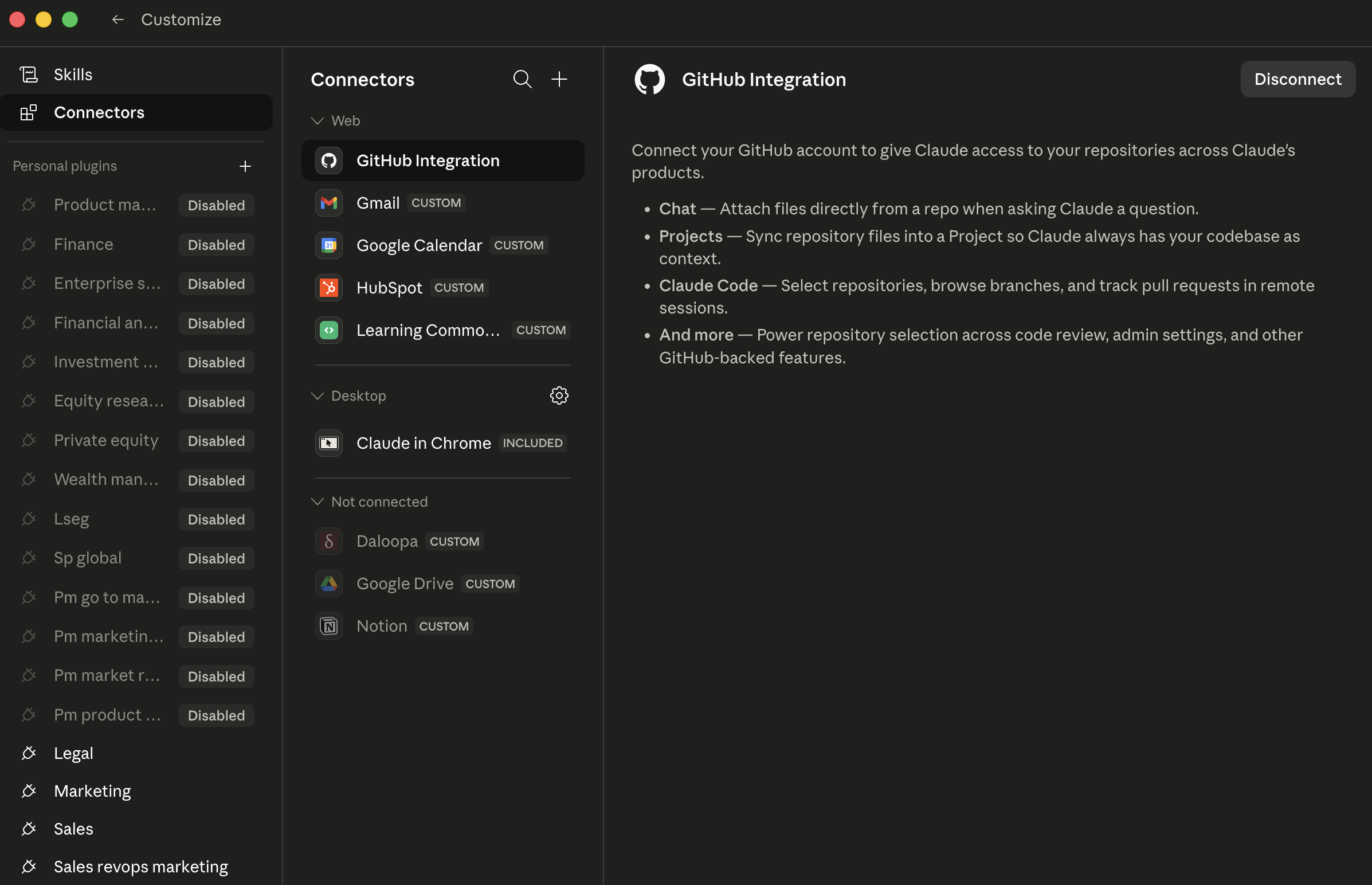 Cowork's Customize → Connectors page. Connectors list grouped by Web, Desktop (Claude in Chrome), and Not connected. Right pane shows a selected connector's scope and a Disconnect button