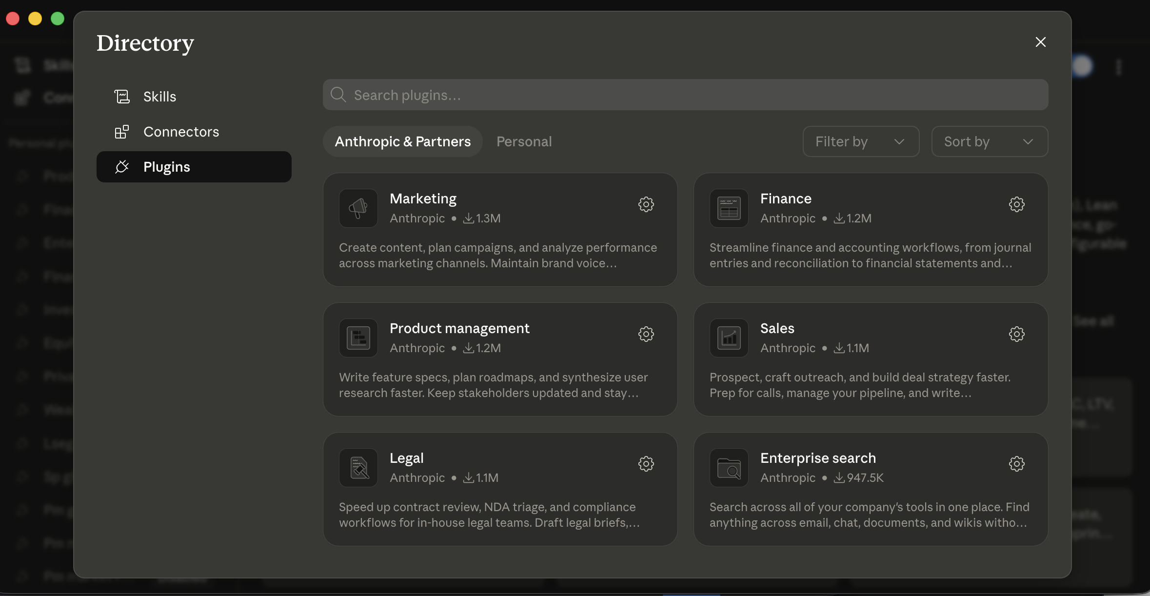 Cowork's Plugins Directory modal with tabs "Anthropic &amp; Partners" and "Personal" and a grid of role plugins: Marketing, Finance, Product management, Sales, Legal, Enterprise search