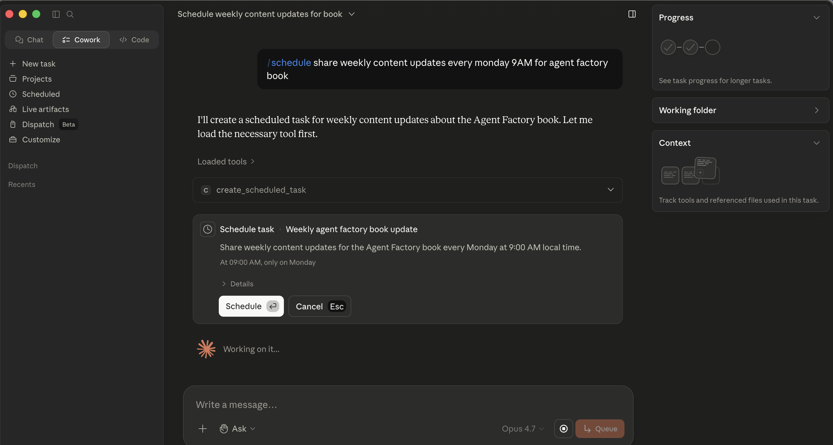 Cowork's inline Schedule task card with a parsed name, description, cadence, and Schedule / Cancel buttons
