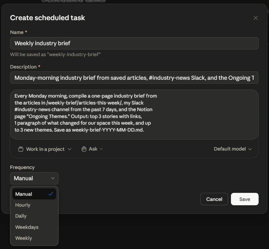 Cowork's Create scheduled task modal filled in for the weekly-brief example, with the Frequency dropdown open