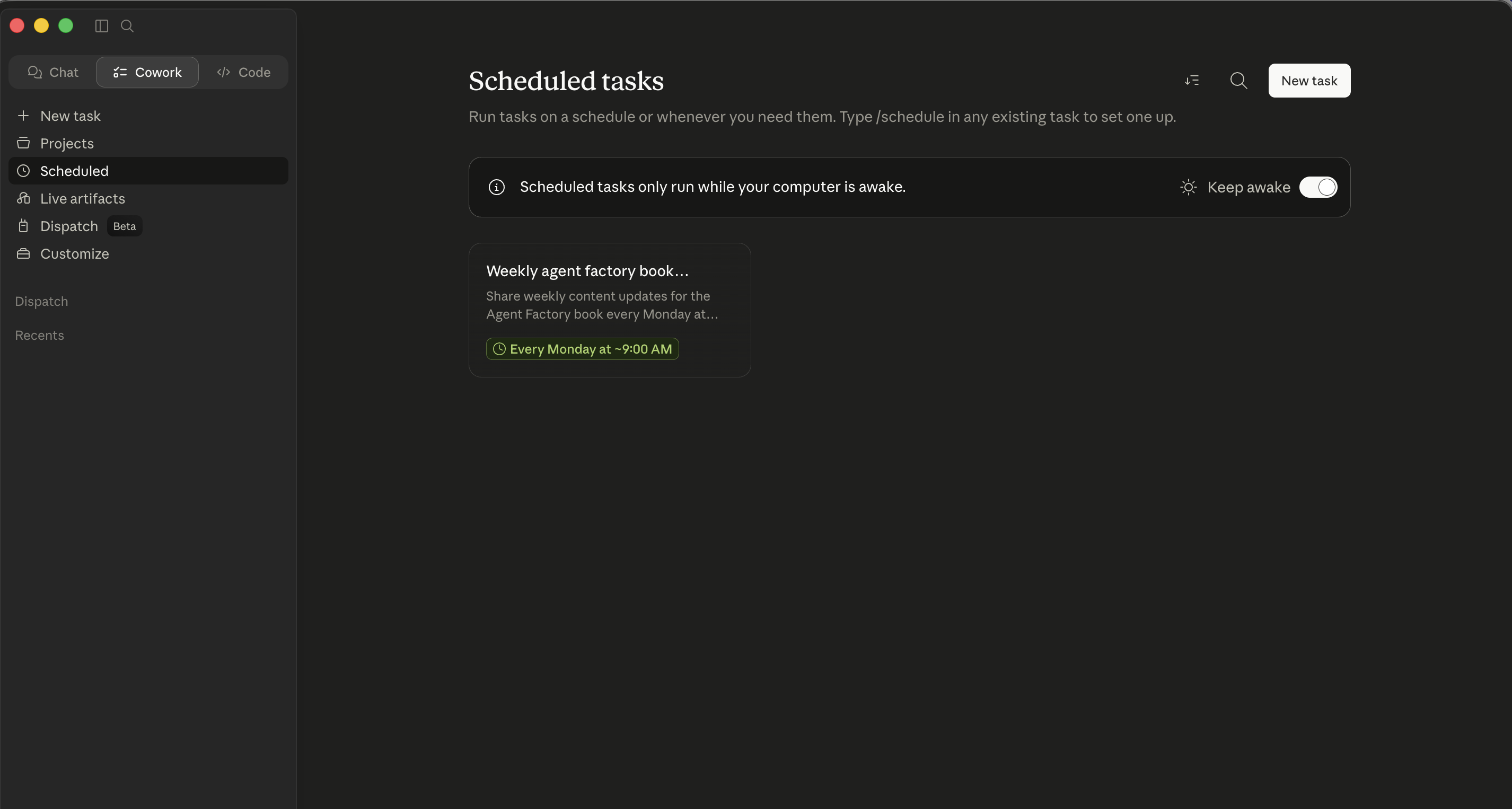 An older build's Scheduled tab with a hint banner that scheduled tasks only run while the computer is awake, a Keep awake toggle, and a New task button