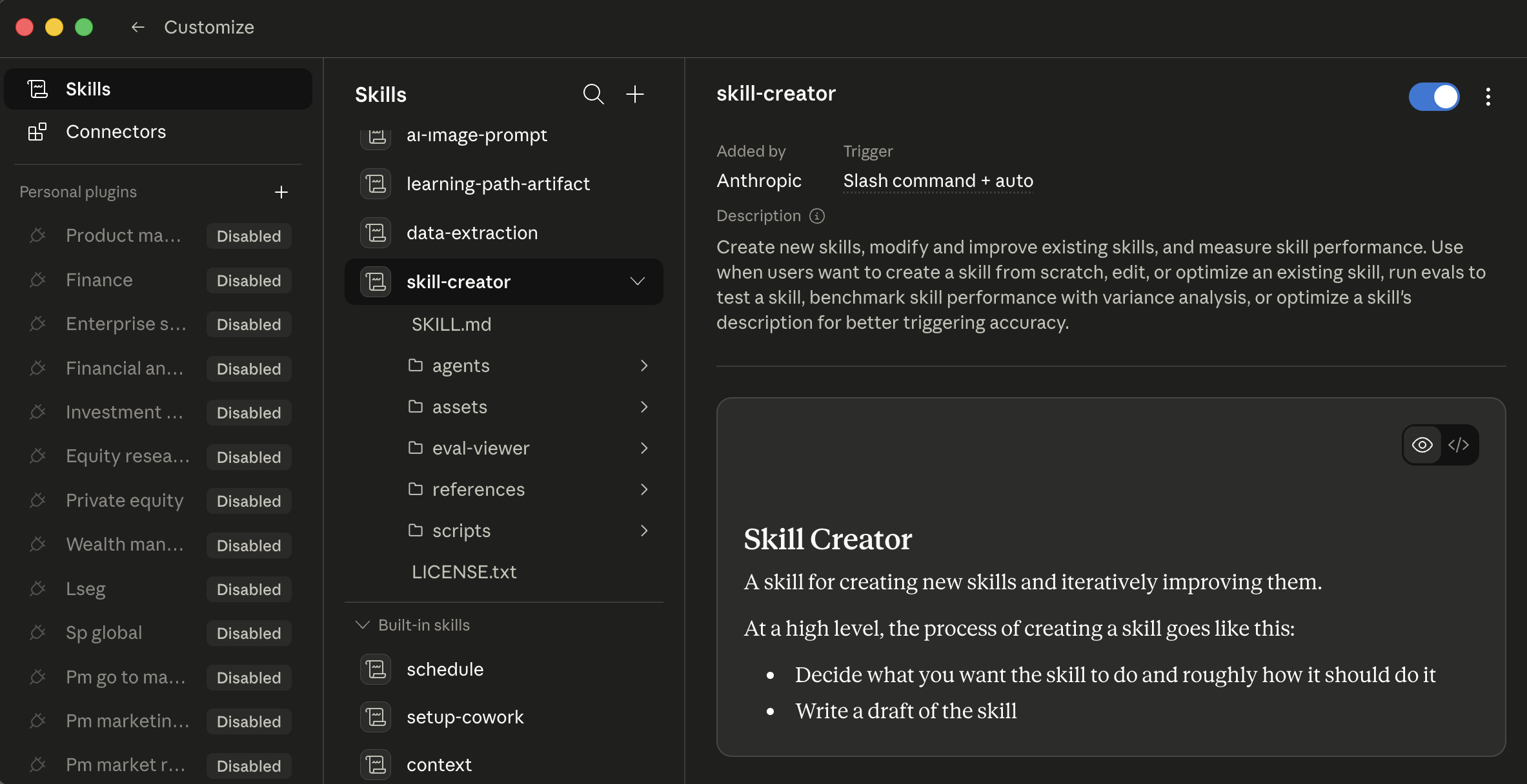 Cowork's Customize → Skills view: install scope on the left, skill list with skill-creator selected, skill detail and preview with the Trigger (slash command + auto) and an enable toggle