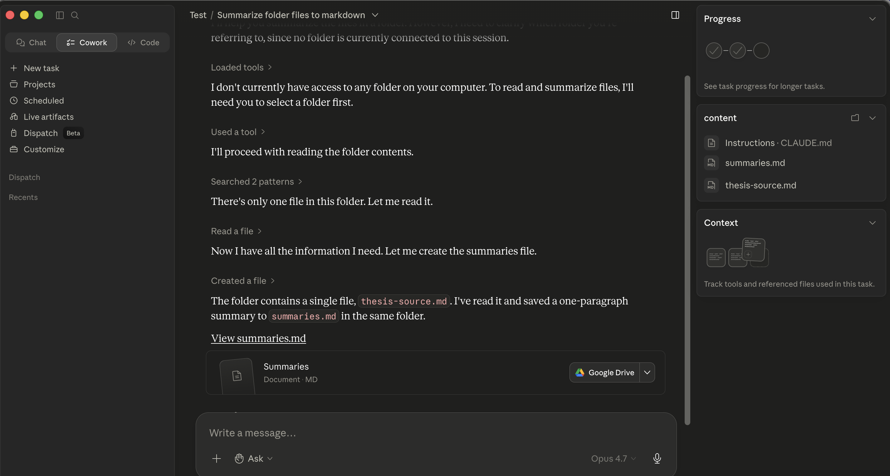 Cowork narrating a task end to end, each step as its own message: "Loaded tools", "Used a tool", "Searched 2 patterns", "Read a file", "Created a file", then a "View summaries.md" link. The right panel lists the folder's files and a Context tracker