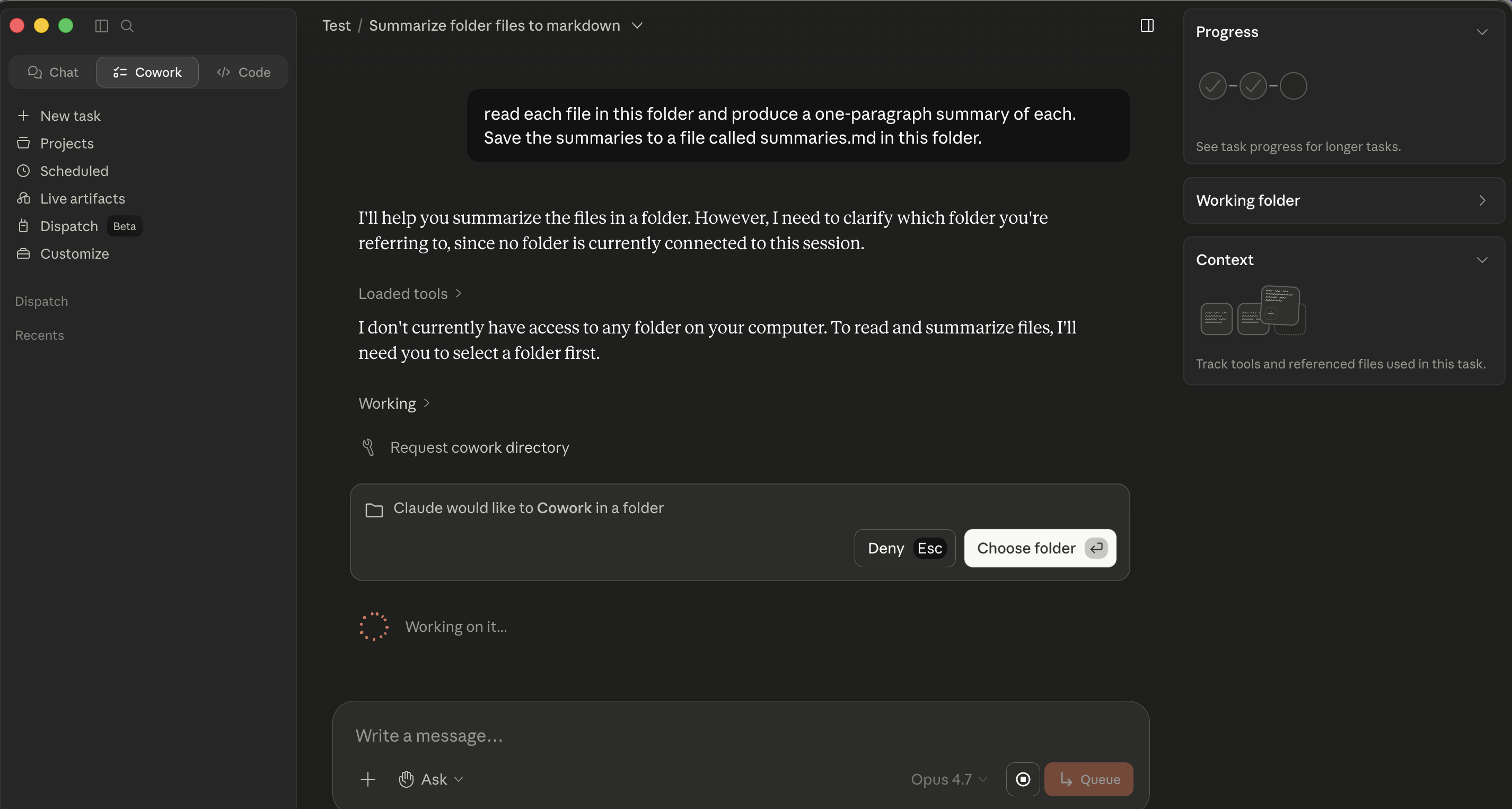 Cowork's inline folder-permission gate. The agent says no folder is connected to this session. Below it, a permission card "Claude would like to Cowork in a folder" with Deny and Choose folder buttons