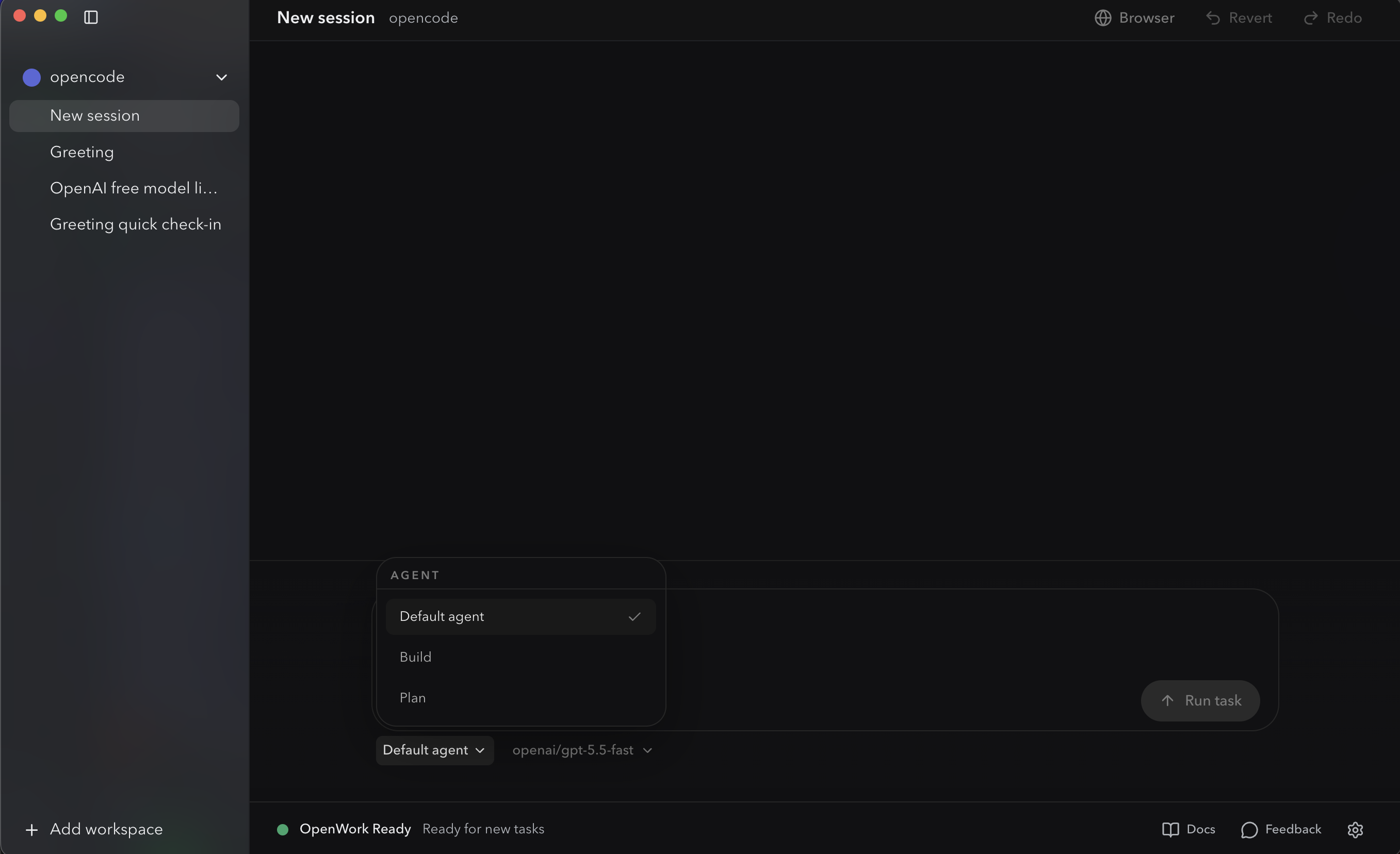 OpenWork's agent picker dropdown open above the prompt input. Header: AGENT. Three rows: Default agent (selected), Build, Plan