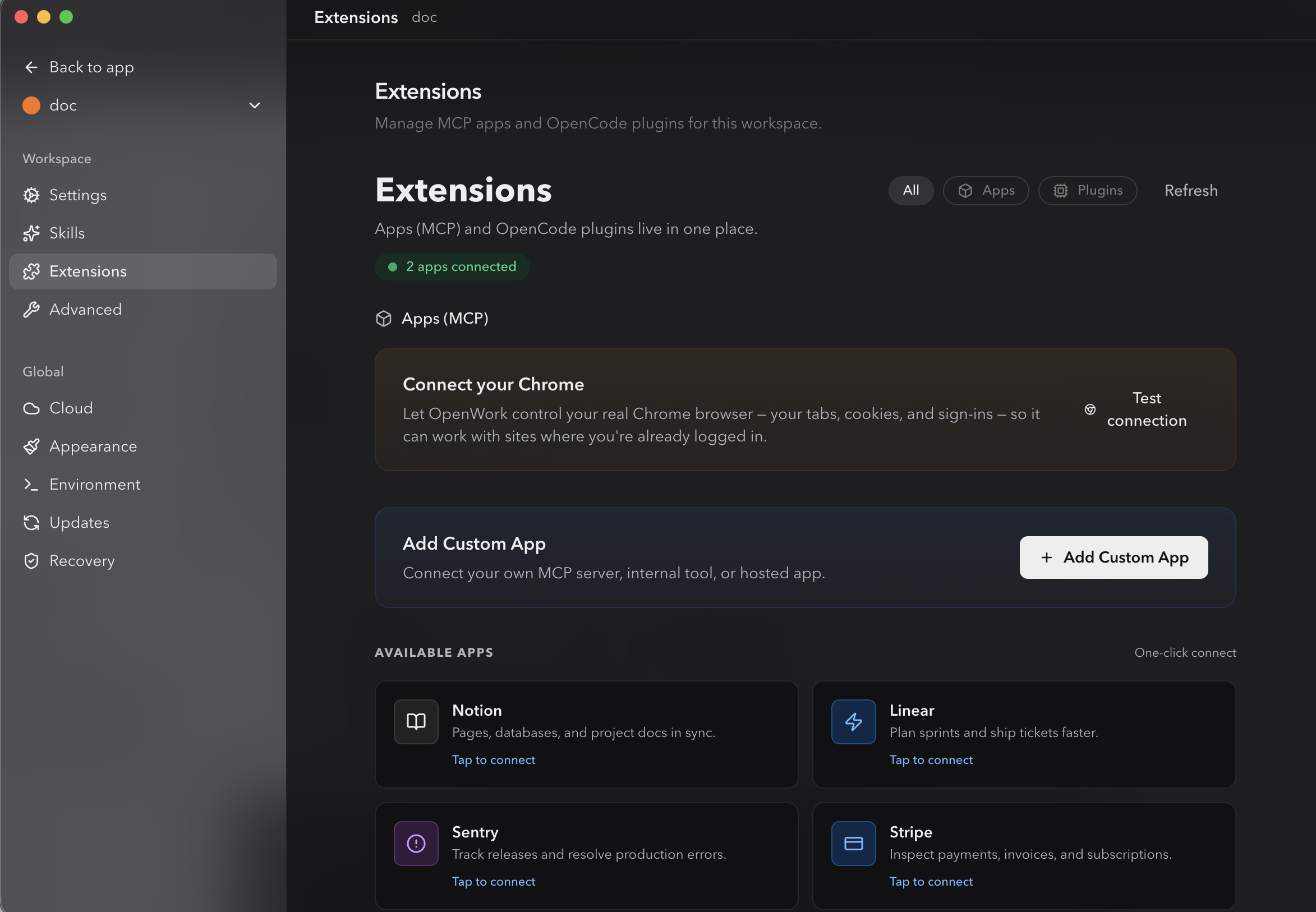 OpenWork's Extensions page with a "Connect your Chrome" card, an "Add Custom App" card, and an Available apps grid of Notion, Linear, Sentry, and Stripe