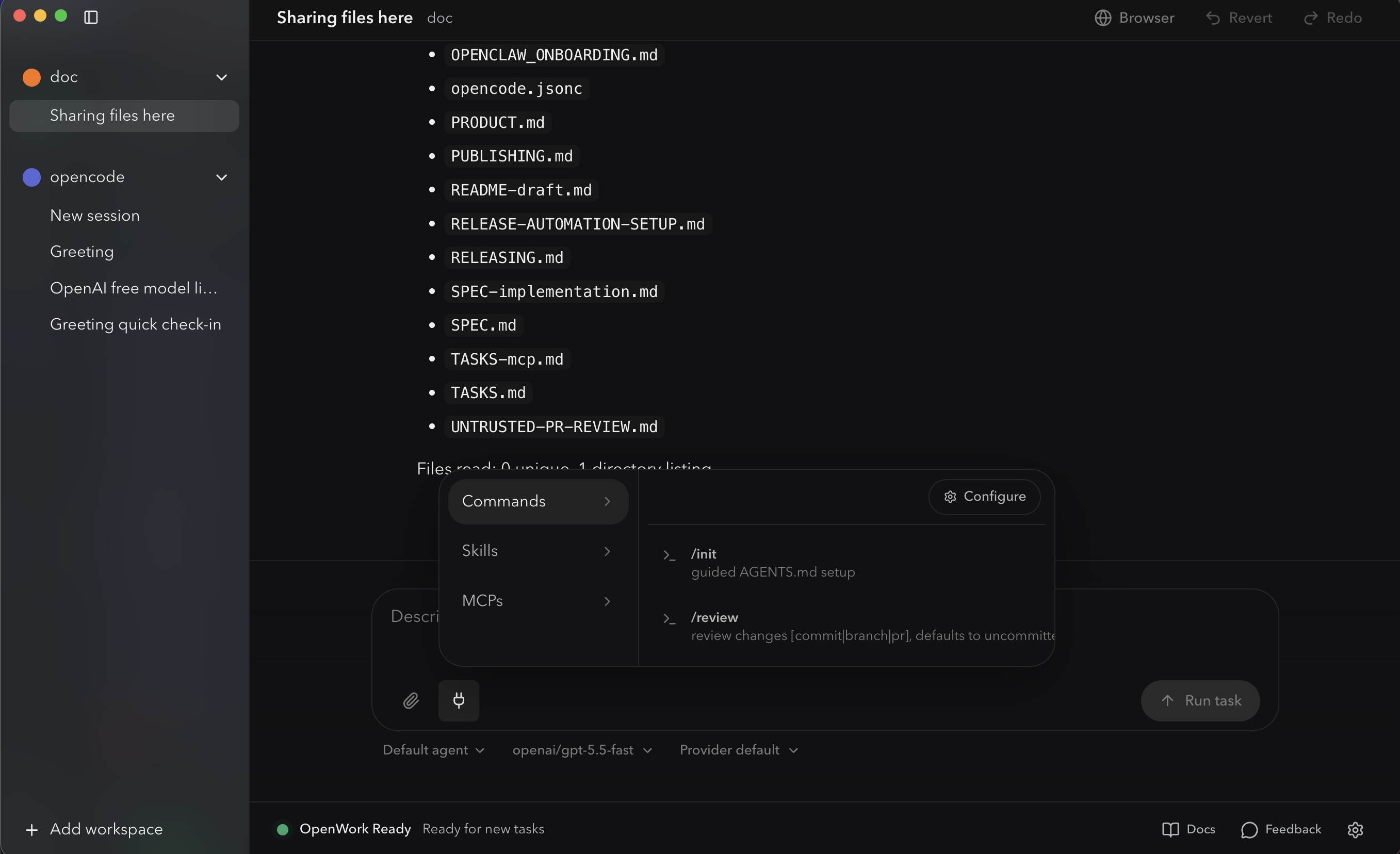 OpenWork chat with a popover menu open above the prompt input showing Commands, Skills, and MCPs categories