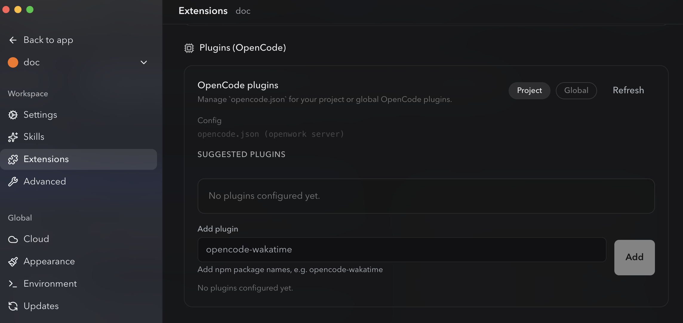 OpenWork's Settings → Extensions → Plugins (OpenCode) section with Project / Global tabs and an Add plugin field taking an npm package name