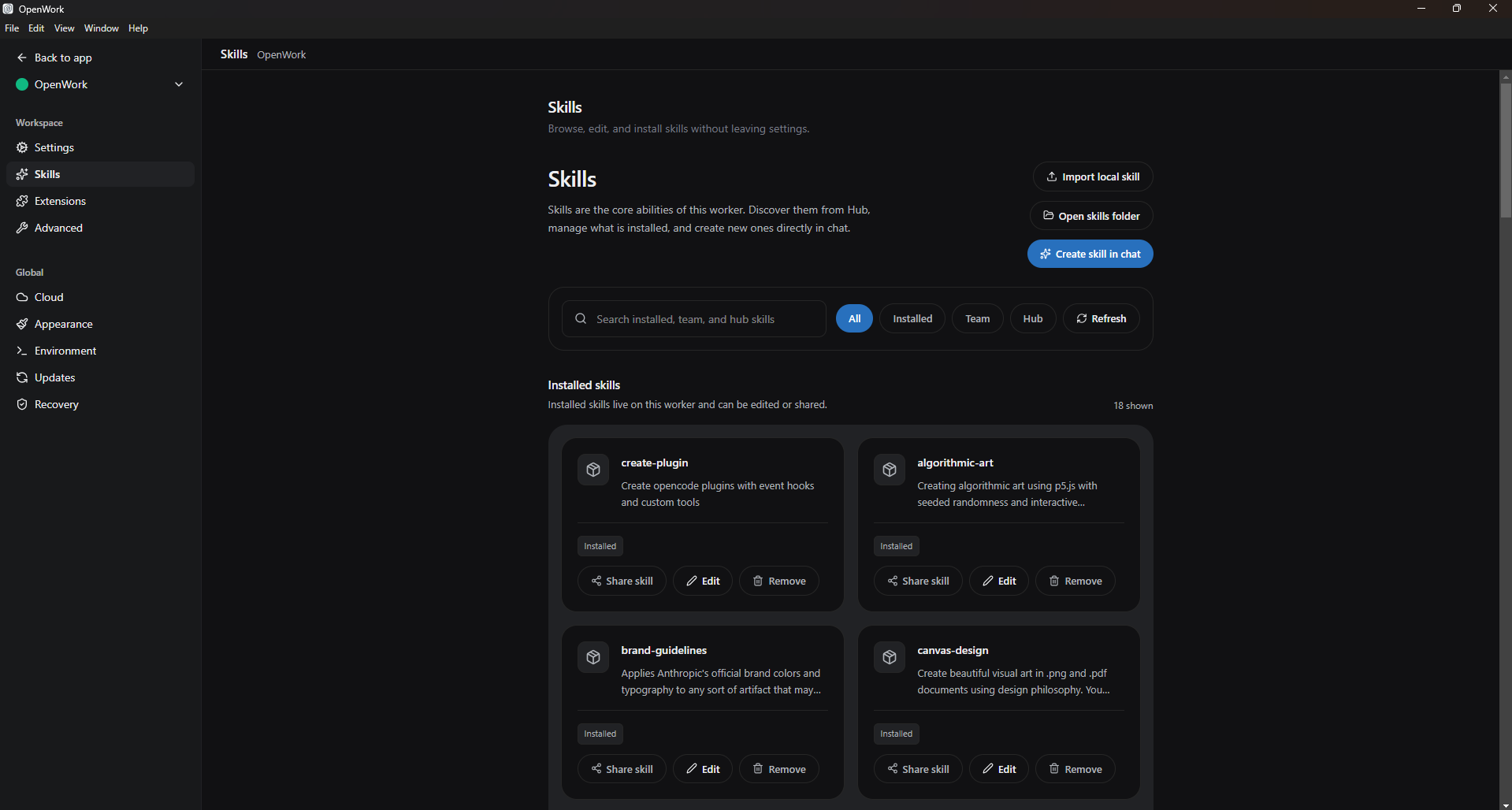 OpenWork's Skills settings page with Import local skill, Open skills folder, and Create skill in chat buttons, filter chips All / Installed / Team / Hub, and a grid of installed skill cards