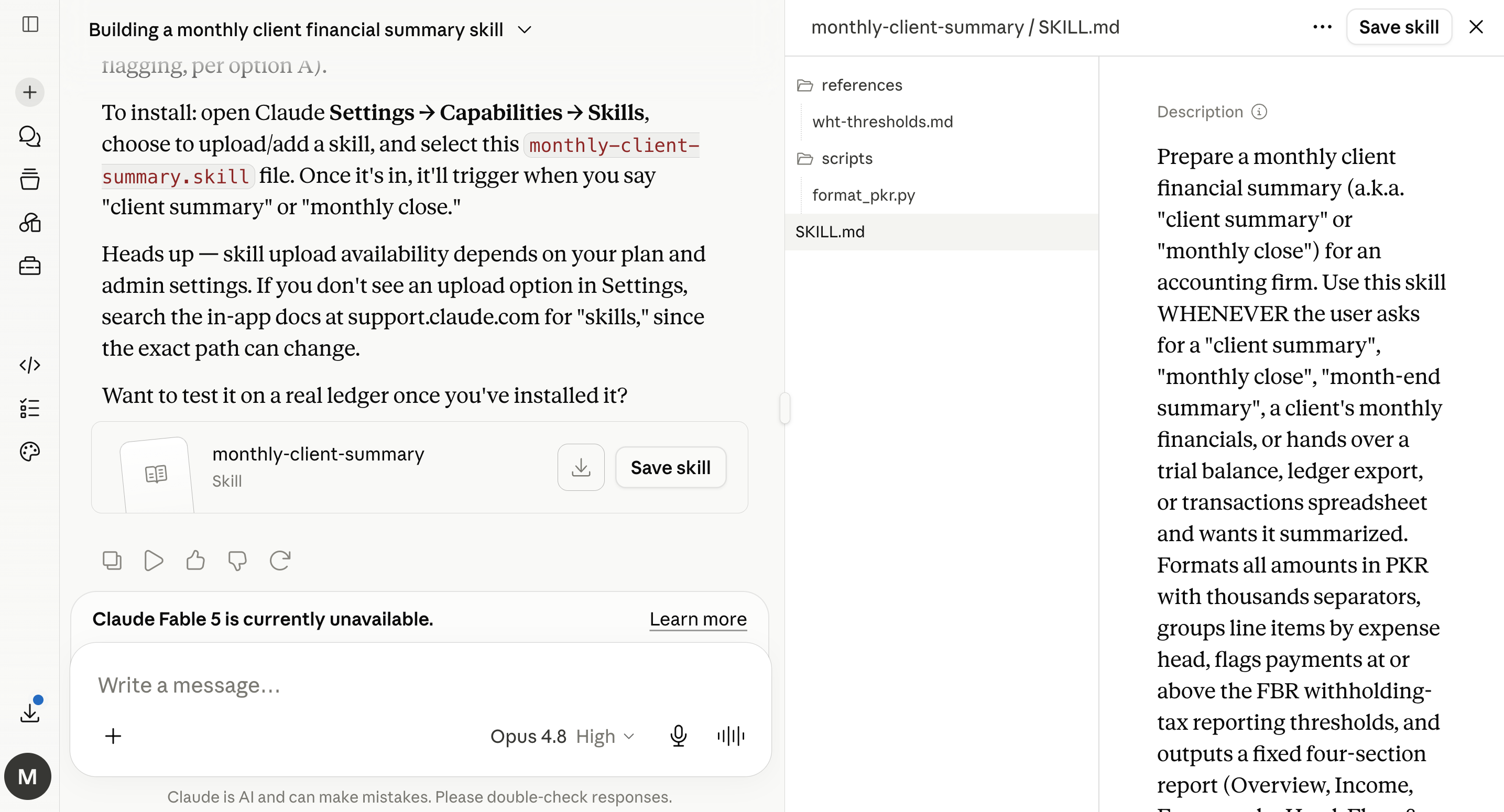 Claude after skill-creator finishes building a skill. On the right, a panel titled "monthly-client-summary / SKILL.md" shows the skill's files: SKILL.md, a references folder, a scripts folder, and its Description. A "Save skill" button appears in the panel header and again on the skill card in the conversation.