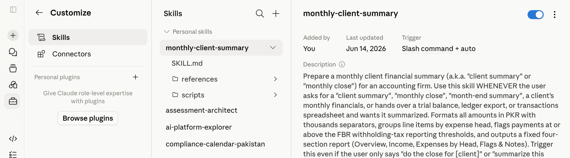 Claude's Customize then Skills list after saving. Under Personal skills, monthly-client-summary now appears, expanded to show its SKILL.md, references, and scripts, and it is toggled on. The detail pane reads "Added by You".